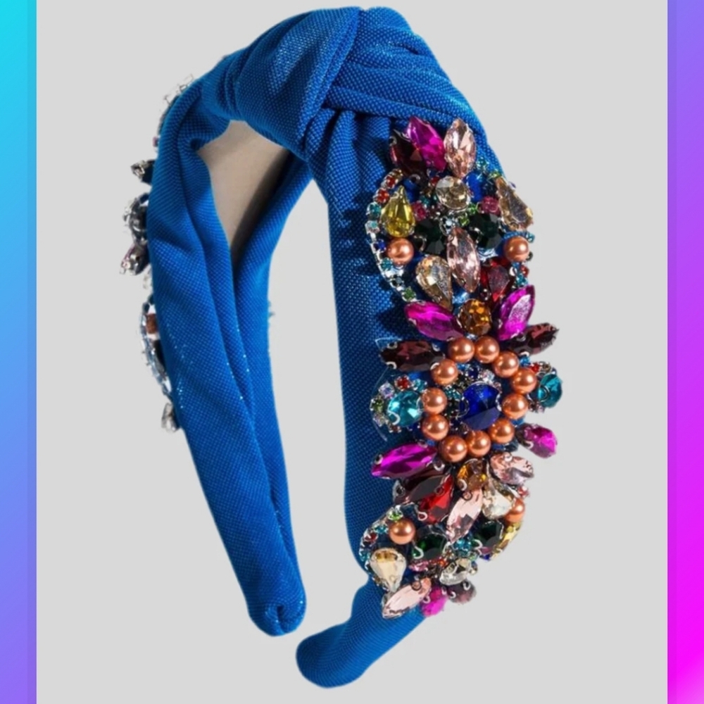New!Blue KNOTTED HEADBAND WITH FLOWER-SHAPED CRYSTALS/RHINESTONES Boho Y2K